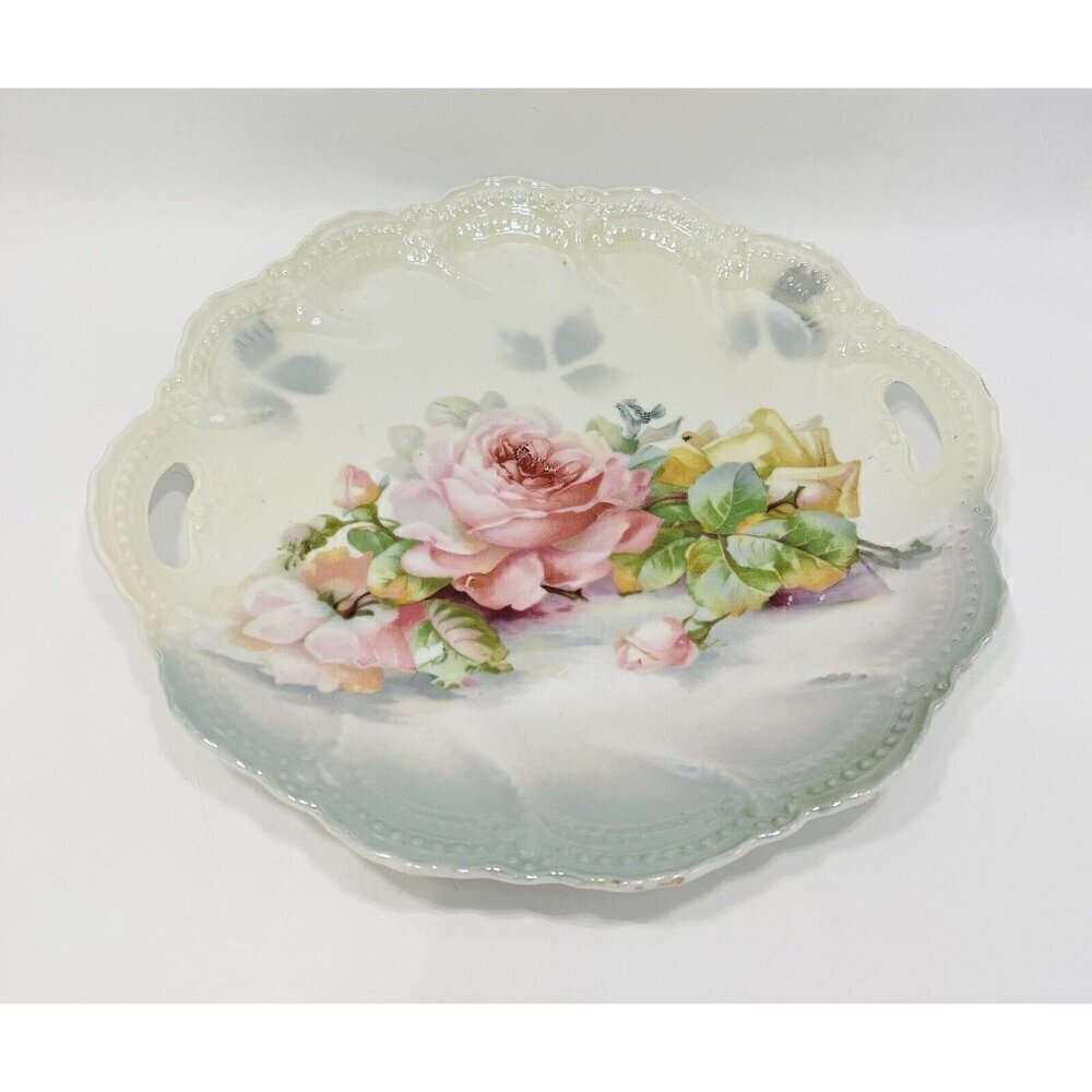 Vintage Leuchtenburg Germany PINK ROSES Cake Plate 9.25” Chic Cottagecore Handle
